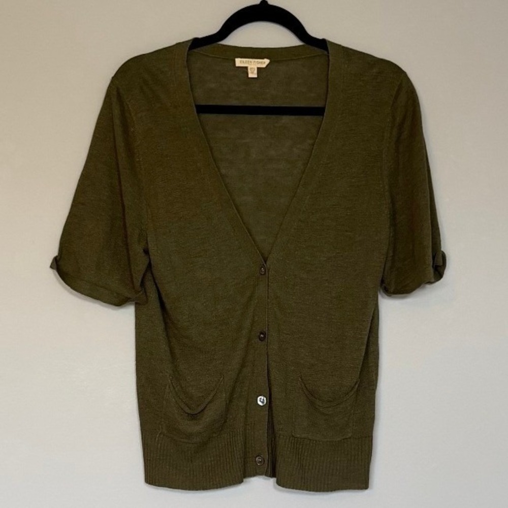 Eileen Fisher Olive Green Linen Silk 4 Button V Neck Short Sleeve Cardigan PL